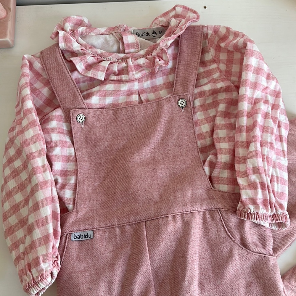 Babidu Pink Gingham Top and Overall set 2T